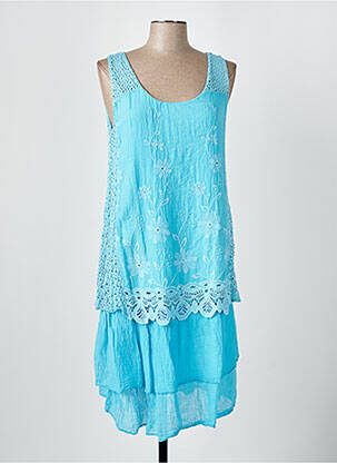 Robe mi-longue tissage crêpe sans manche bleu COULEURS DU TEMPS femme