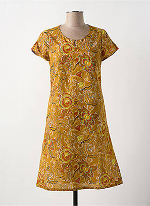 Robe mi-longue imprimé fleurs manches courtes jaune GUY DUBOUIS femme