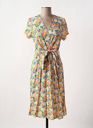 Robe mi-longue imprimé fleurs manches courtes jaune COULEURS DU TEMPS femme