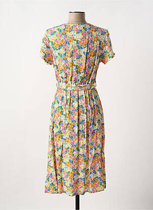 Robe mi-longue imprimé fleurs manches courtes jaune COULEURS DU TEMPS femme