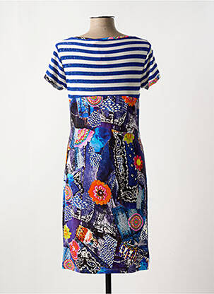 Robe mi-longue imprimé fleurs manches courtes bleu OLIVIER PHILIPS femme