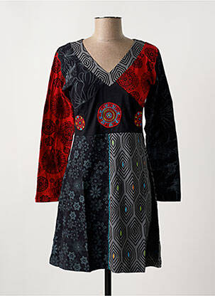 Robe mi-longue imprimé fantaisie manches longues gris COTON DU MONDE femme