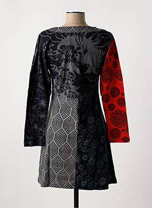 Robe mi-longue imprimé fantaisie manches longues gris COTON DU MONDE femme