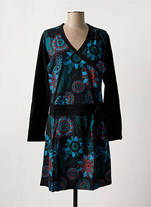 Robe mi-longue imprimé fantaisie manches longues noir COTON DU MONDE femme