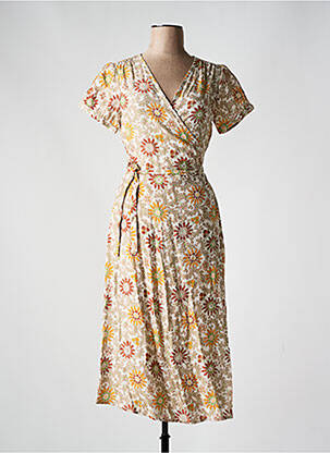 Robe mi-longue imprimé fleurs manches courtes beige AGATHE & LOUISE femme