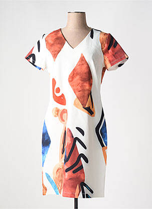 Robe mi-longue imprimé fantaisie manches courtes blanc GUY DUBOUIS femme