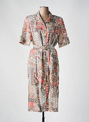 Robe mi-longue imprimé fleurs manches courtes marron GUY DUBOUIS femme