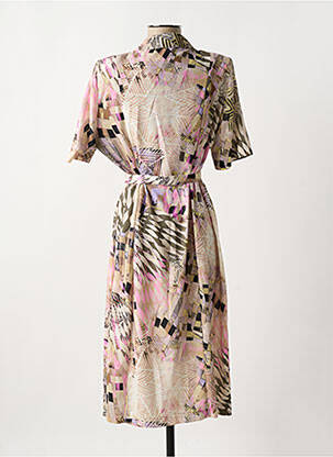 Robe mi-longue imprimé fantaisie manches courtes beige GUY DUBOUIS femme