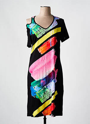 Robe mi-longue imprimé fantaisie manches courtes noir GUY DUBOUIS femme
