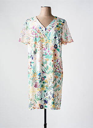 Robe mi-longue imprimé fleurs manches courtes blanc CHRISTINE LAURE femme