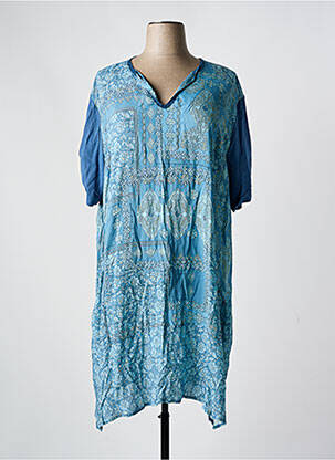 Robe mi-longue imprimé fleurs manches courtes bleu FRANCK ANNA femme