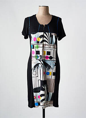 Robe mi-longue imprimé fantaisie manches courtes noir GUY DUBOUIS femme
