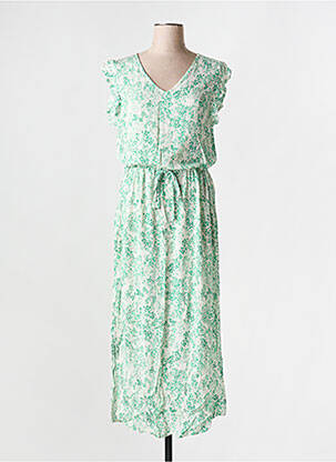 Robe mi-longue imprimé fleurs manches courtes vert ICHI femme