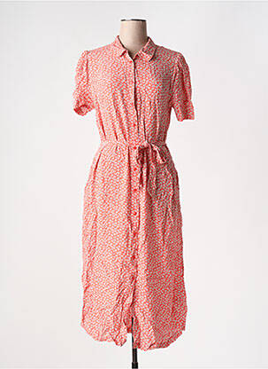 Robe mi-longue imprimé fleurs manches courtes orange ICHI femme