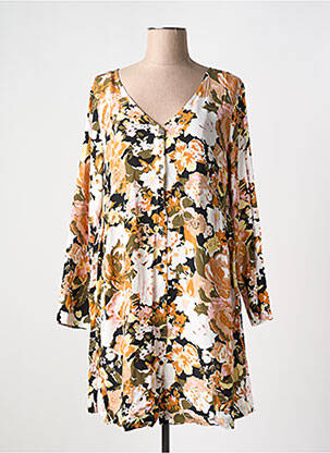 Robe mi-longue imprimé fleurs manches longues orange ICHI femme