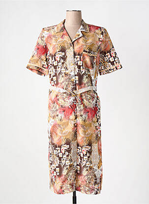 Robe mi-longue imprimé fantaisie manches courtes marron FRANCE RIVOIRE femme