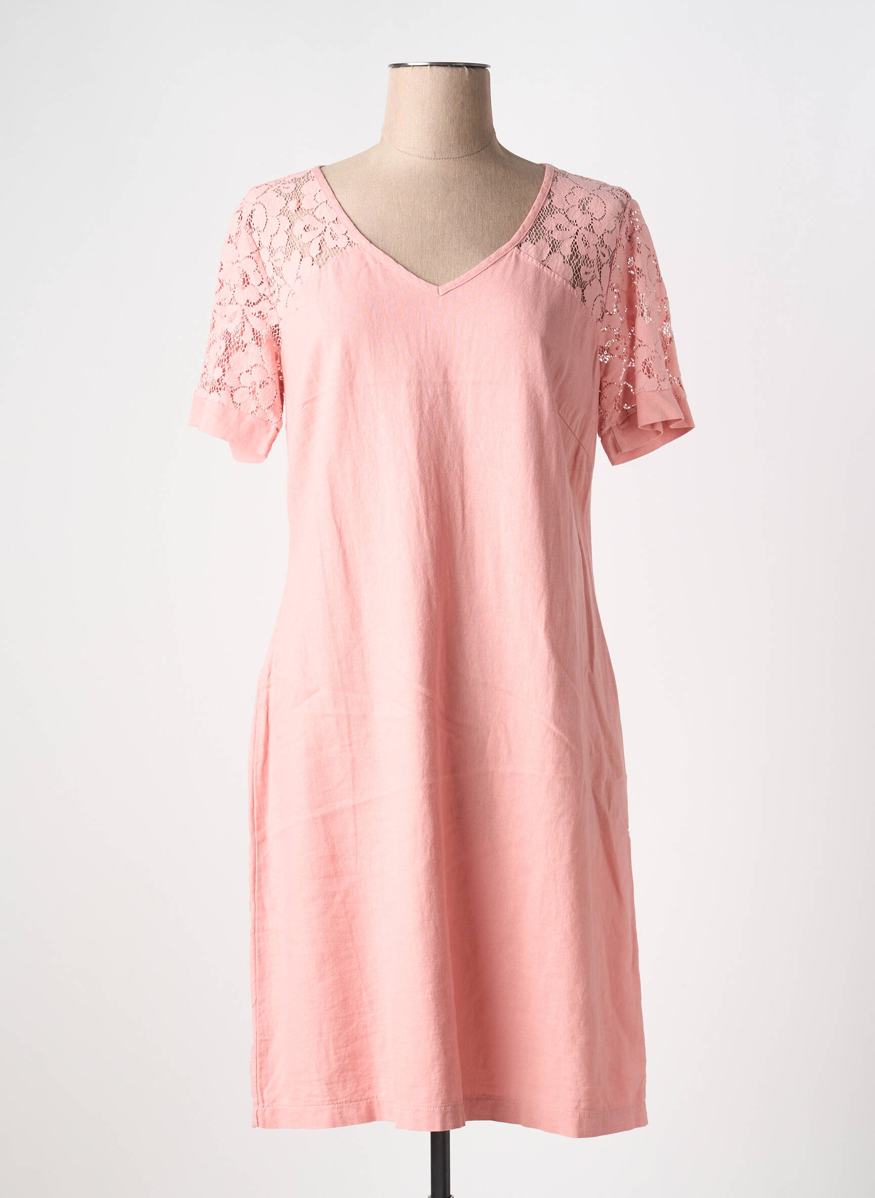 Robe mi-longue tissage crêpe manches courtes rose MALOKA femme