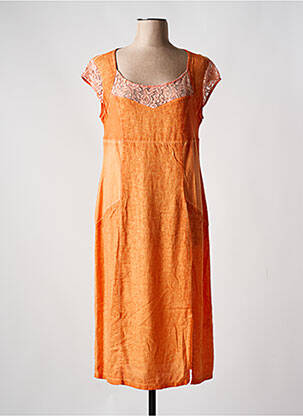 Robe mi-longue tissage crêpe manches courtes orange MALOKA femme