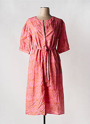 Robe mi-longue imprimé fleurs manches courtes rose CALIE femme