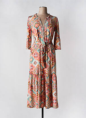 Robe longue imprimé fantaisie manches 3/4 orange K-DESIGN femme
