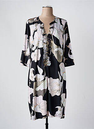 Robe mi-longue imprimé fleurs manches 3/4 noir K-DESIGN femme