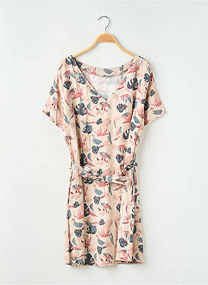 Robe mi-longue imprimé fleurs manches courtes beige SANS MARQUE femme