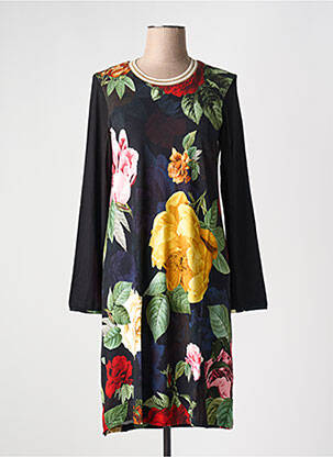 Robe mi-longue imprimé fleurs manches longues noir CHERIE LINE femme