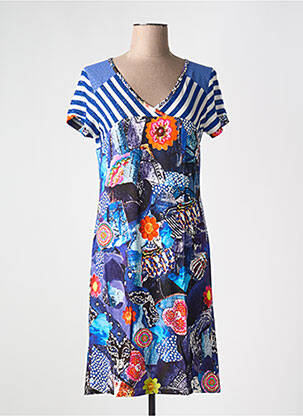 Robe mi-longue imprimé fleurs manches courtes bleu OLIVIER PHILIPS femme
