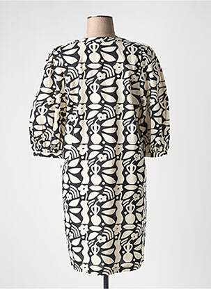 Robe mi-longue imprimé fantaisie manches courtes beige DES PETITS HAUTS femme
