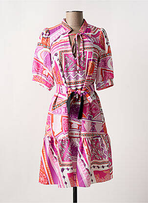 Robe mi-longue imprimé fantaisie manches courtes rose LESLIE femme