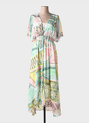 Robe longue imprimé fantaisie manches courtes vert LESLIE femme