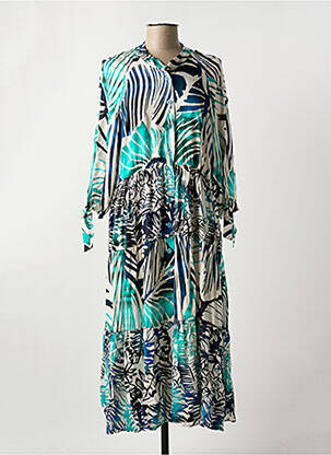 Robe mi-longue coupe fluide manches longues bleu REVER MILE femme
