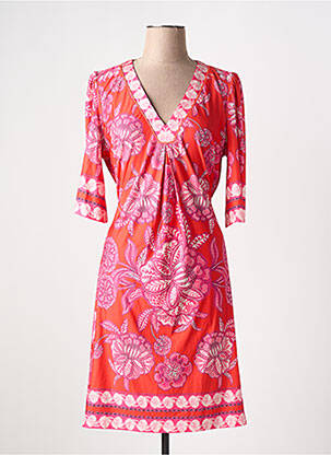 Robe mi-longue imprimé fleurs manches courtes orange K-DESIGN femme