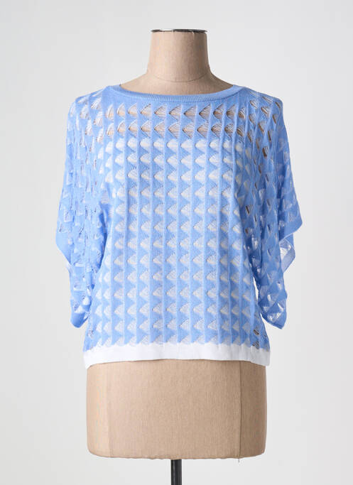 Pull maille ajourée manches 3/4 bleu TRICOT CHIC femme