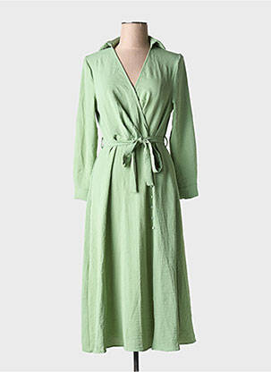 Robe mi-longue tissage crêpe manches longues vert KILKY femme