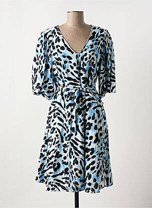 Robe mi-longue coupe fluide manches courtes bleu ICHI femme