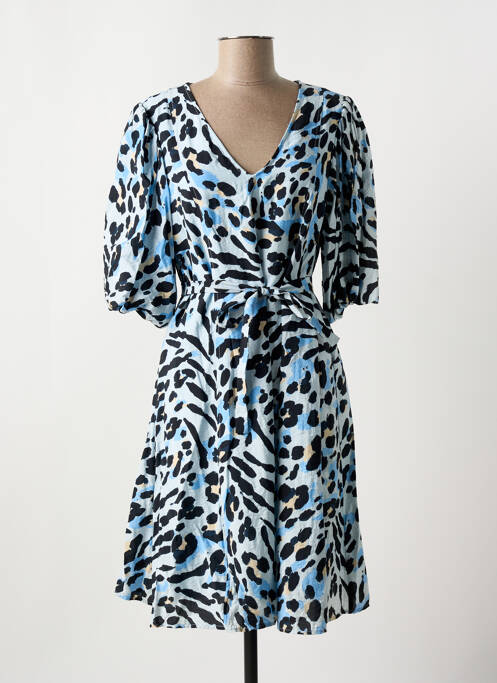 Robe mi-longue coupe fluide manches courtes bleu ICHI femme