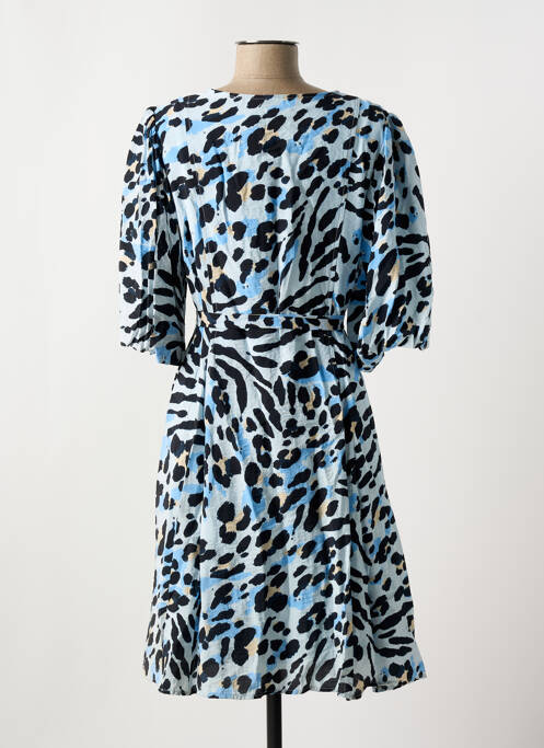 Robe mi-longue coupe fluide manches courtes bleu ICHI femme