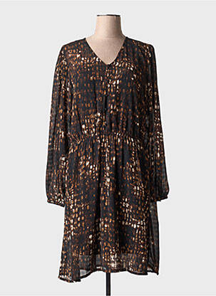 Robe mi-longue imprimé fantaisie manches longues marron ICHI femme