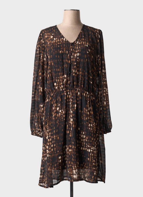 Robe mi-longue imprimé fantaisie manches longues marron ICHI femme