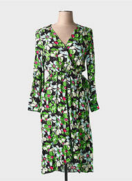 Robe mi-longue imprimé fantaisie manches longues vert ORFEO femme