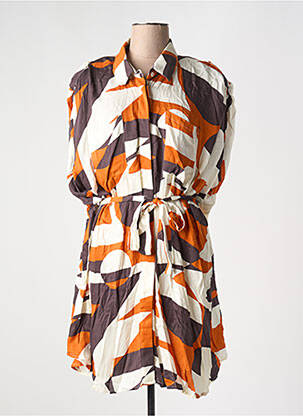 Robe mi-longue imprimé fantaisie manches courtes orange ORFEO femme