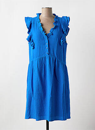 Robe mi-longue tissage crêpe manches courtes bleu DEELUXE femme