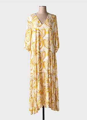 Robe longue tissage popeline manches 3/4 jaune LA REINE TRICOTE femme