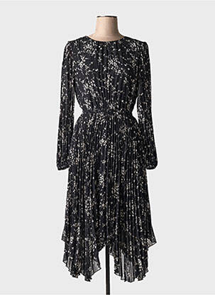 Robe mi-longue imprimé fleurs manches longues noir IDANO femme