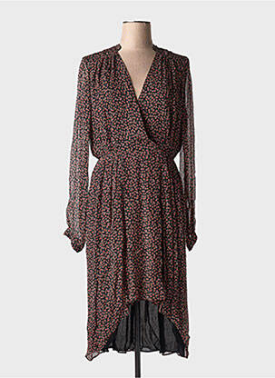 Robe mi-longue imprimé fleurs manches longues noir IDANO femme