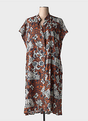 Robe mi-longue imprimé fleurs manches courtes marron LA REINE TRICOTE femme