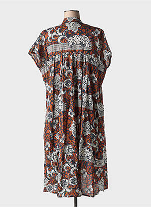 Robe mi-longue imprimé fleurs manches courtes marron LA REINE TRICOTE femme