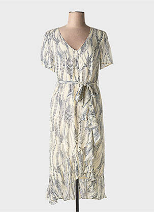 Robe mi-longue tissage crêpe manches courtes beige IDANO femme