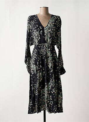Robe mi-longue imprimé fleurs manches longues noir IDANO femme